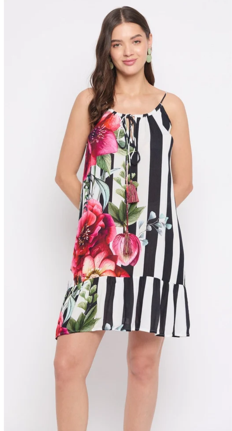 White Floral & Striped Rayon Dress for Women S-XL | GypsieBlu