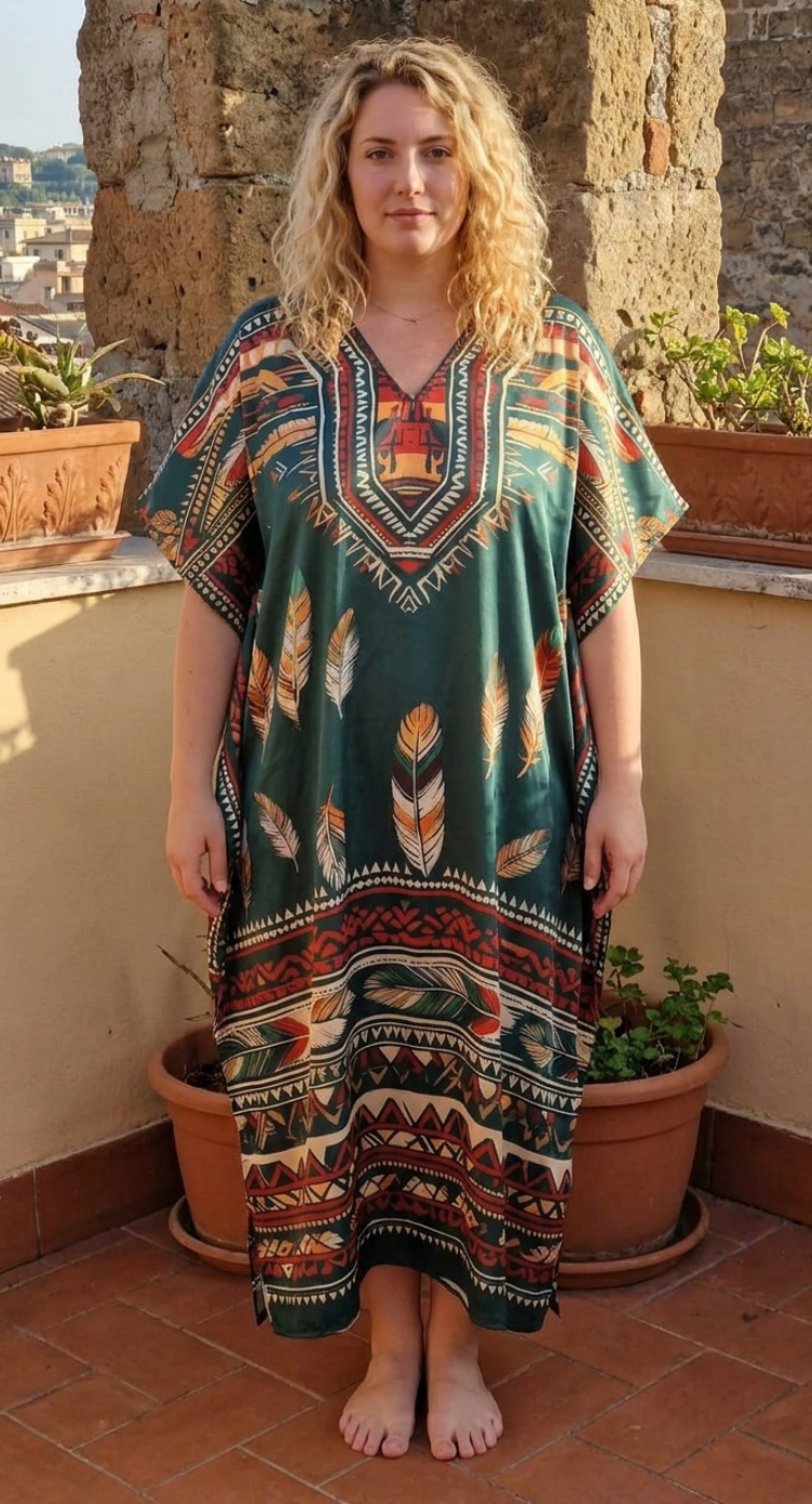 Deep Teal Tribal Satin Women Plus Size Kaftan Cruise Dress
