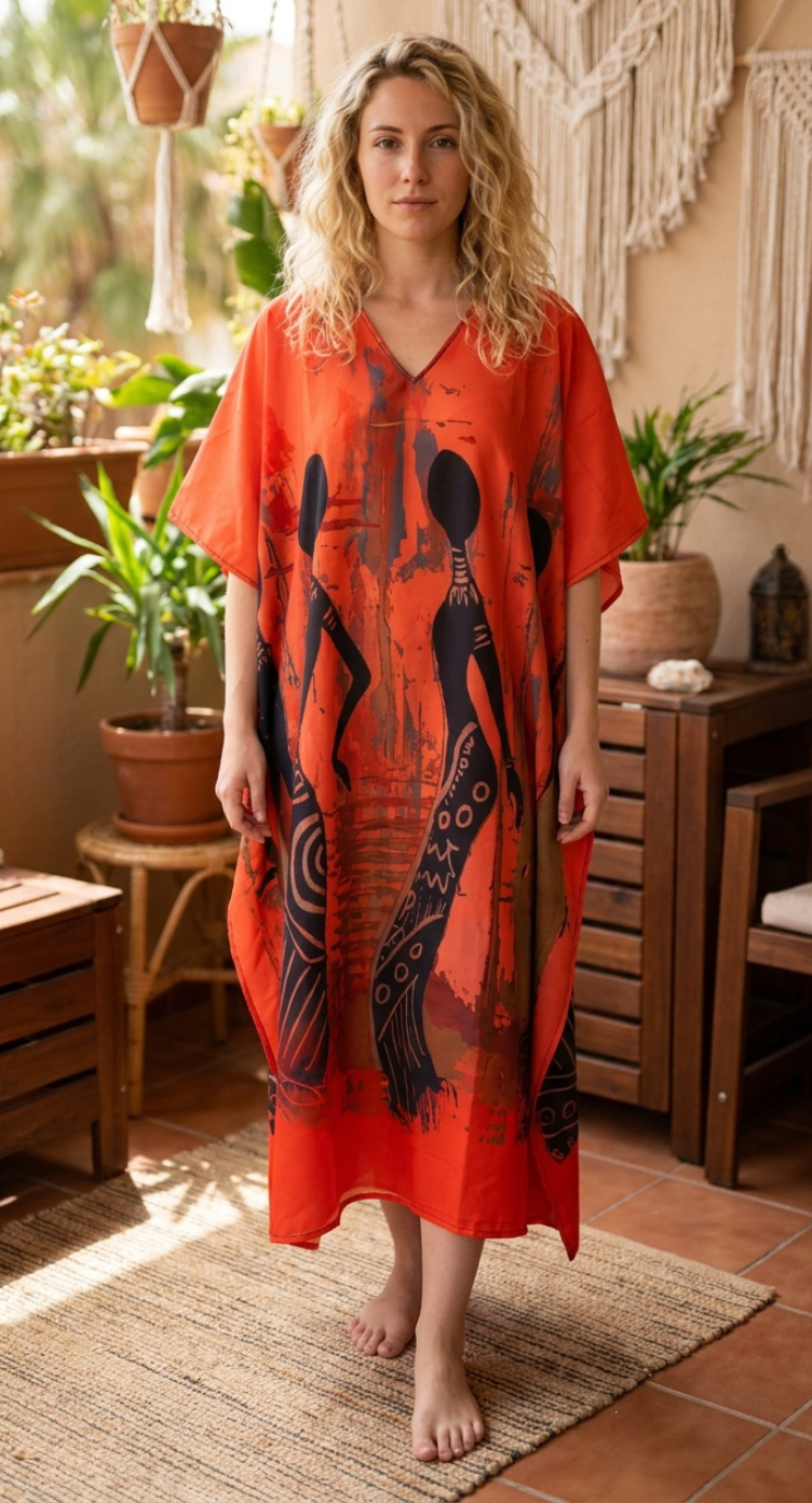 Red Tribal Polyester Women Plus Size Kaftan Evening Dress