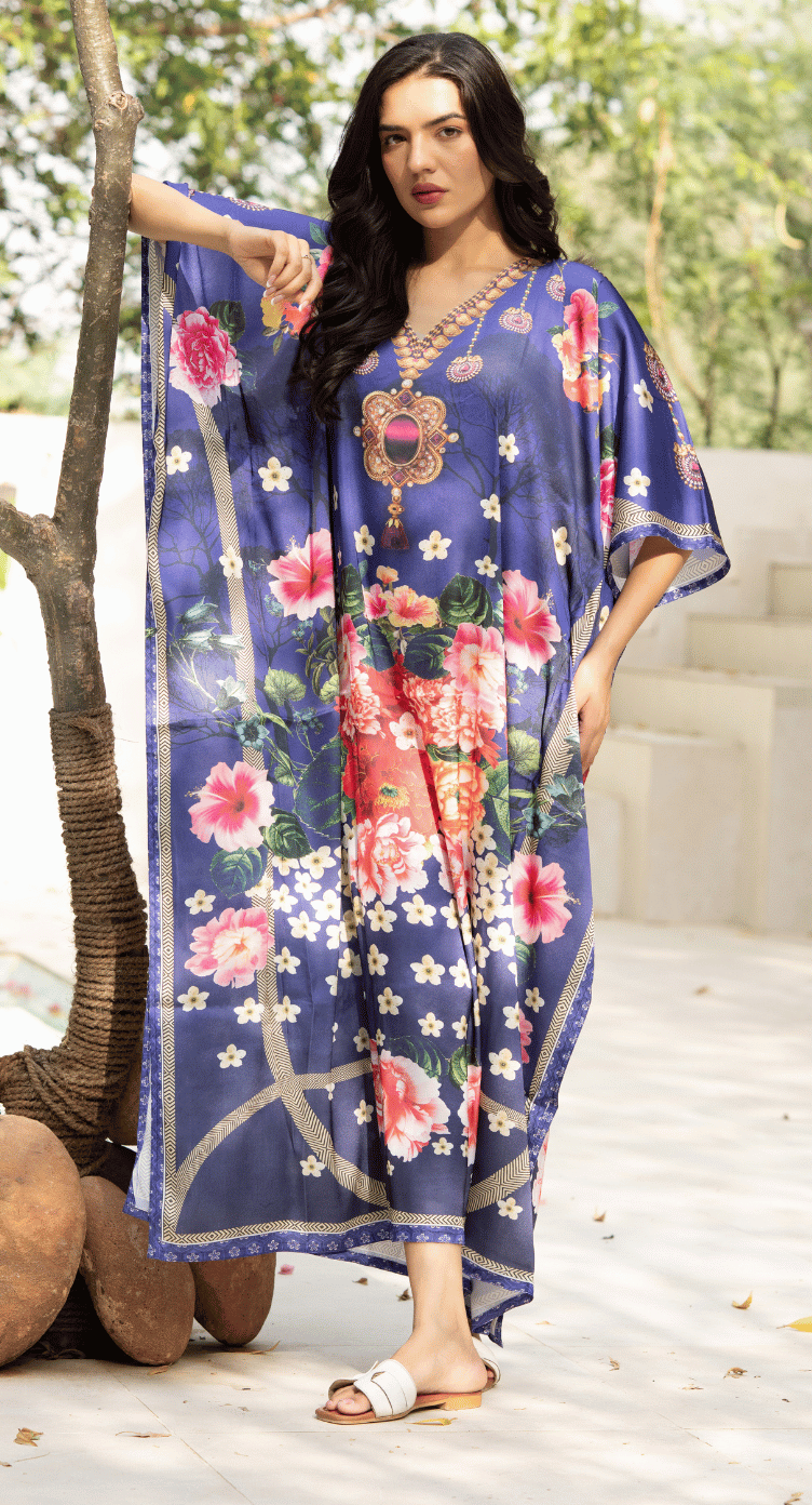 Floral Royal Blue Satin Silk Kaftan Dress for Women Plus Size