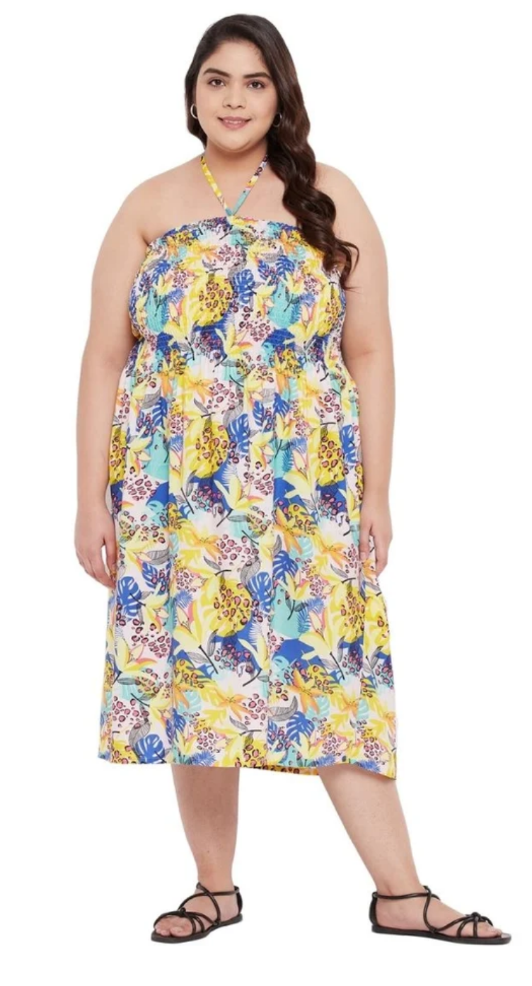 Yellow Floral Polyester Plus Size Tube Dress for Women 1X-3X | GypsieBlu