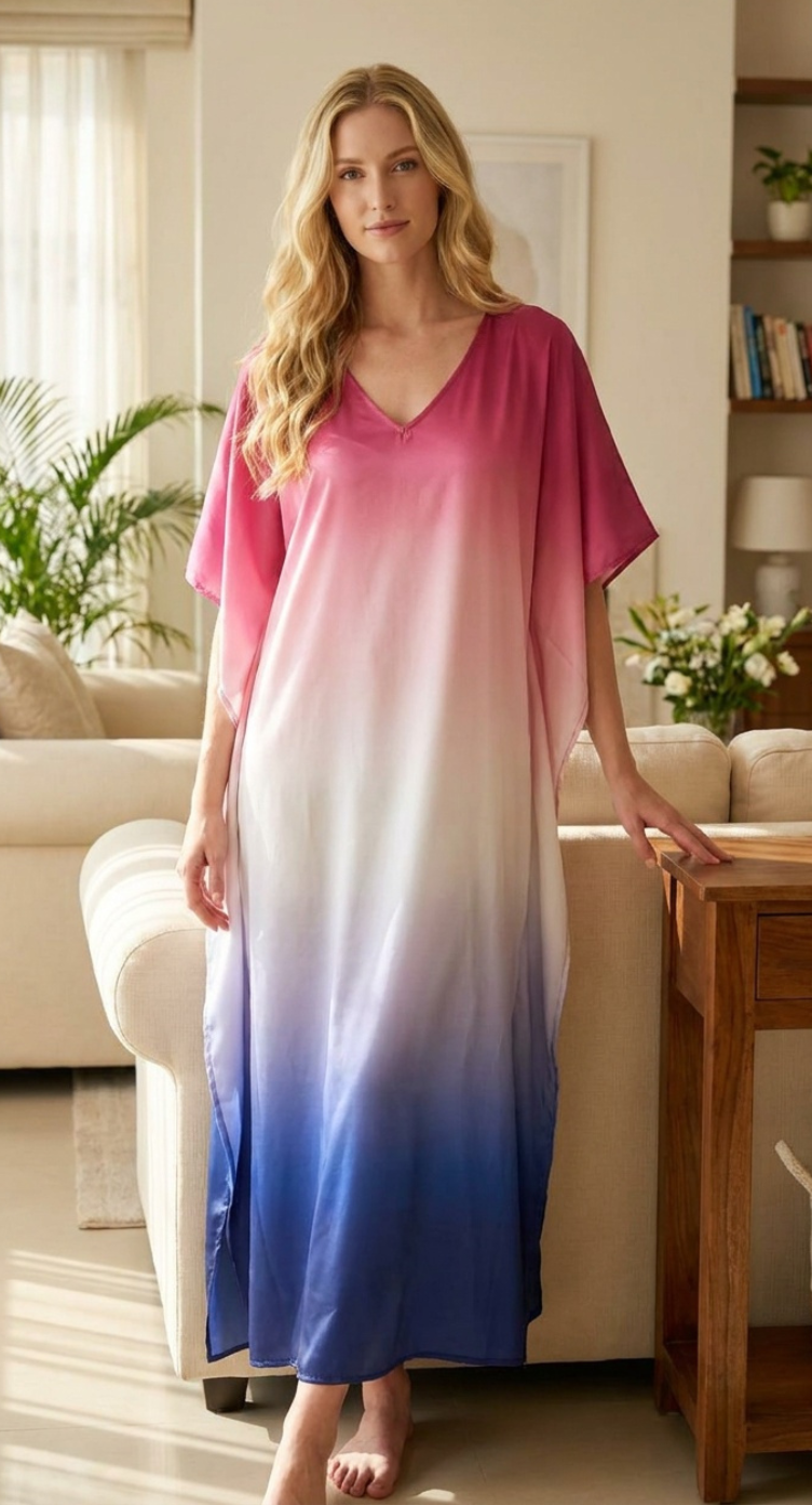 Pink Ombre Satin Women Plus Size Kaftan Vacation Dress