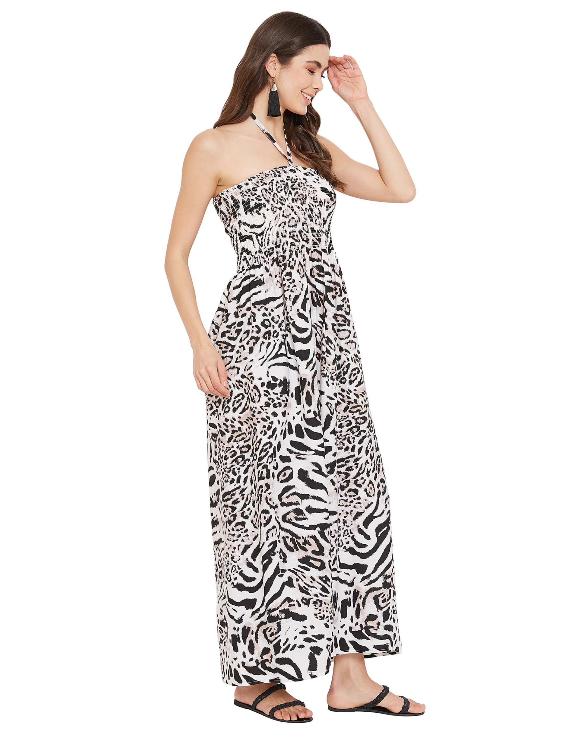 Leopard Print Elegant Plus Size Halter Neck Dress for Women