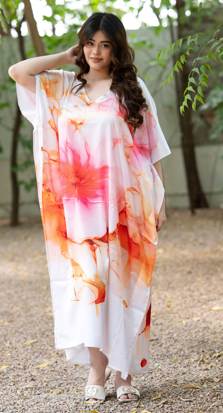 Floral Light Pink Satin Silk Women Plus Size Kaftan Lounge Dress