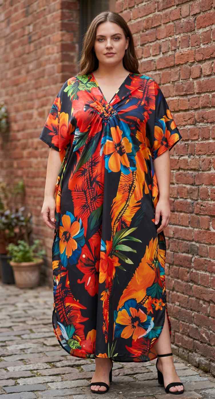 Black Bold Tropical Hibiscus Floral Print Kaftan