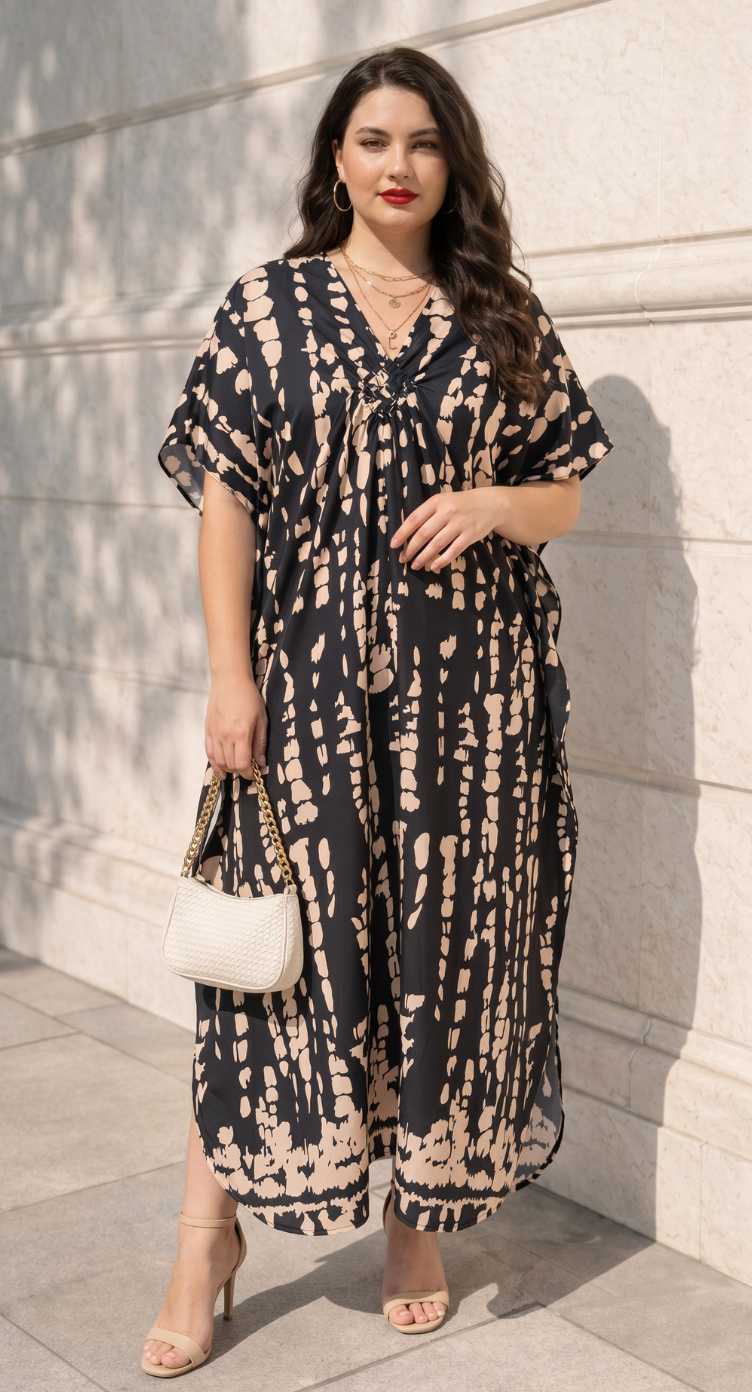 Black Tie Dye Polyester Women Plus Size Kaftan Loungewear Maxi Dress 1X-3X