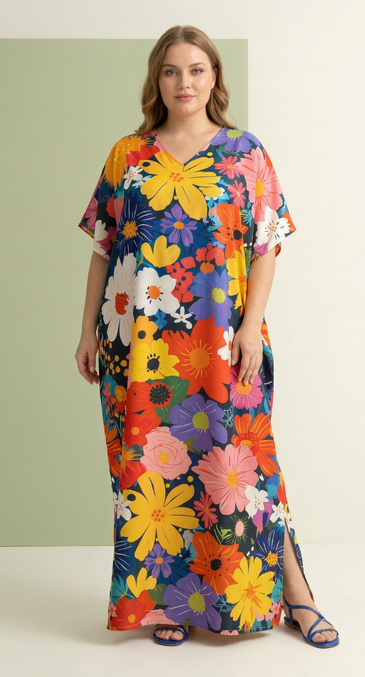 Multicolor Floral Polyester Women Plus Size Kaftan Tropical Dress