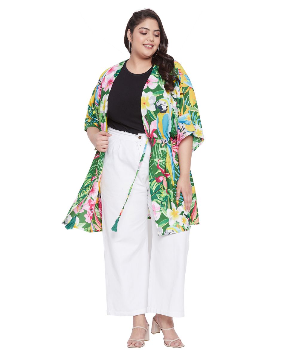 Floral Printed Green Polyester Robe Dress For Plus Size Women