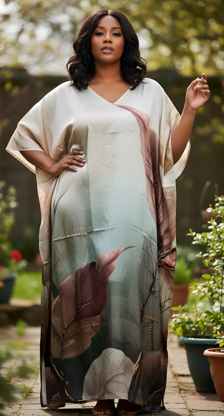 Leaf Cream Satin Silk Caftan Dress for Women Plus Size