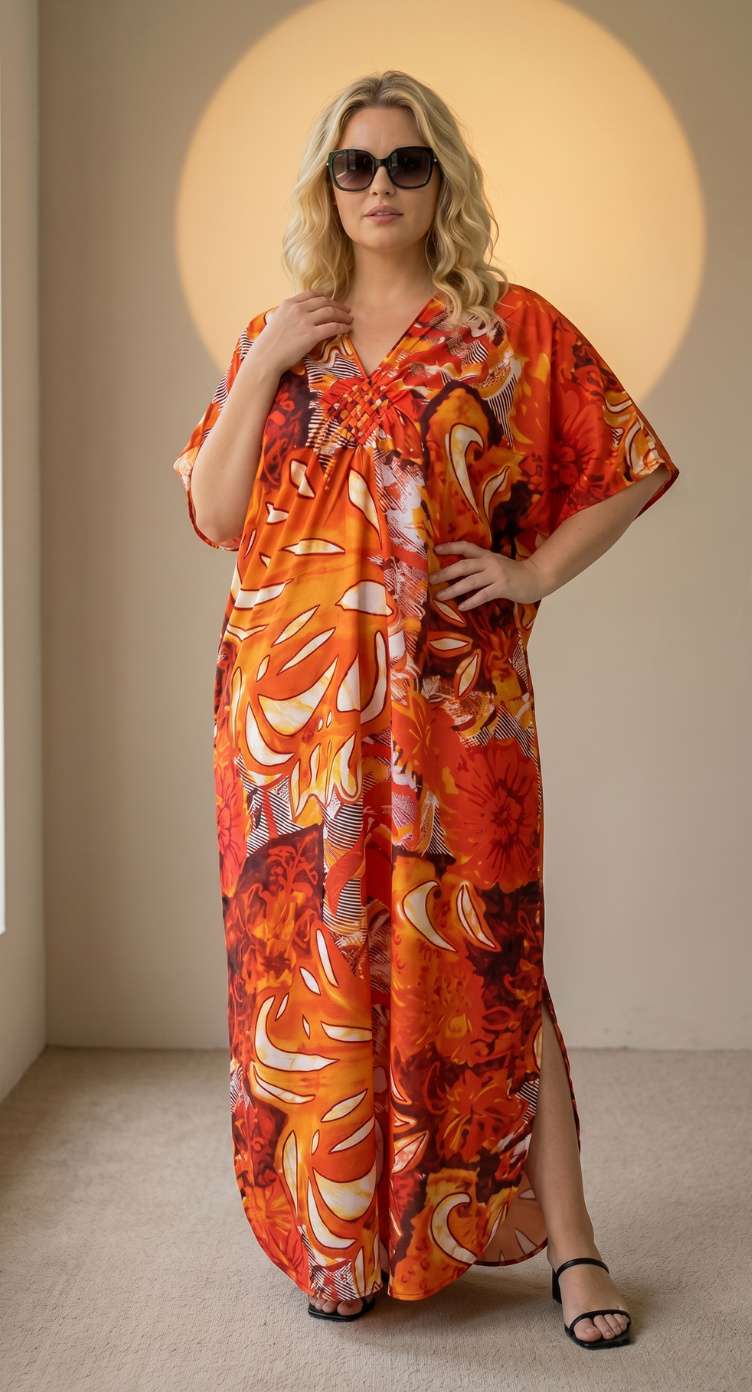 Rust Orange Tropical Print Polyester Women Plus Size Kaftan Tropical Maxi Dress 1X-3X