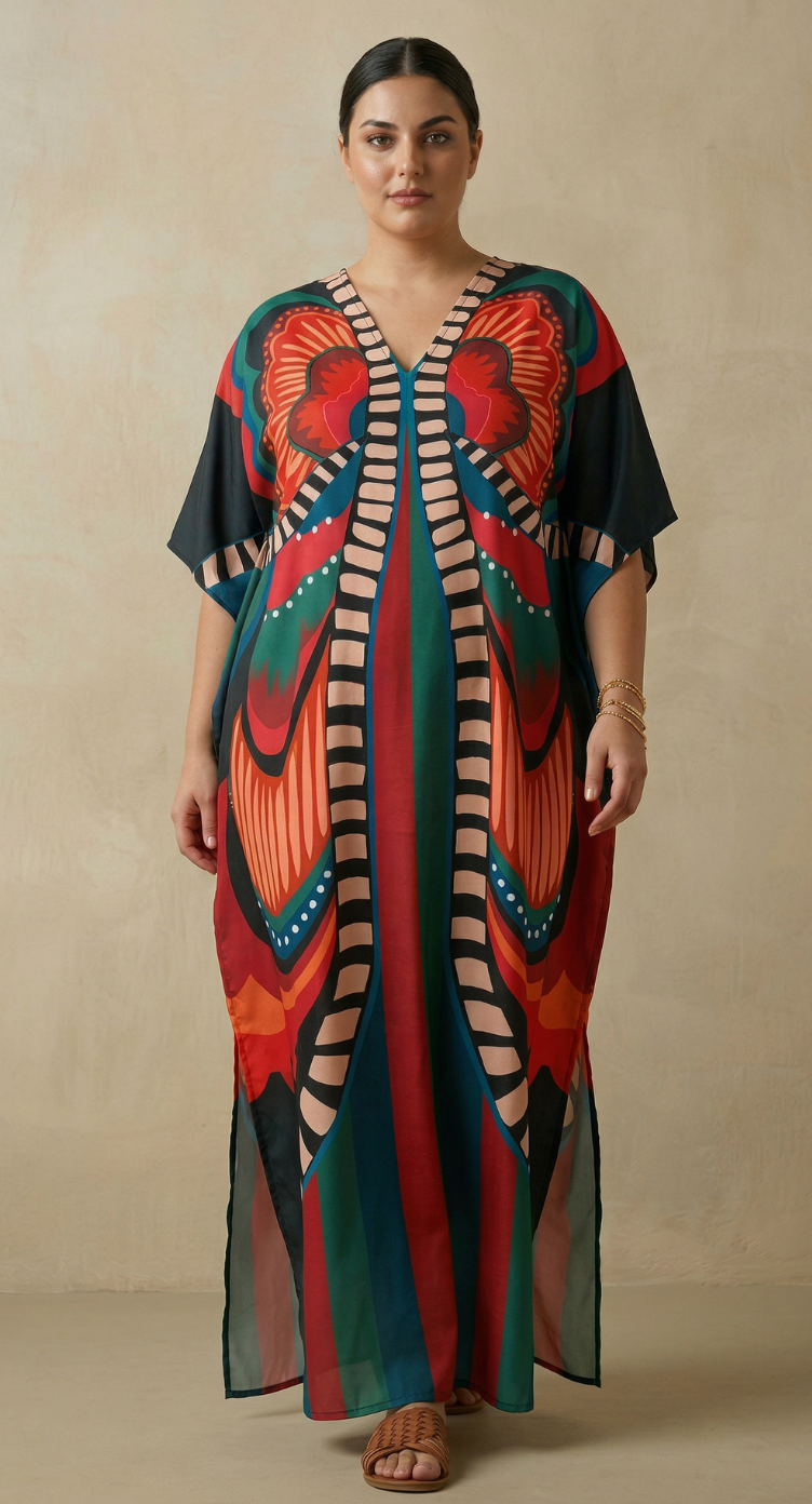 Orange Butterfly Polyester Women Plus Size Kaftan Vacation Dress
