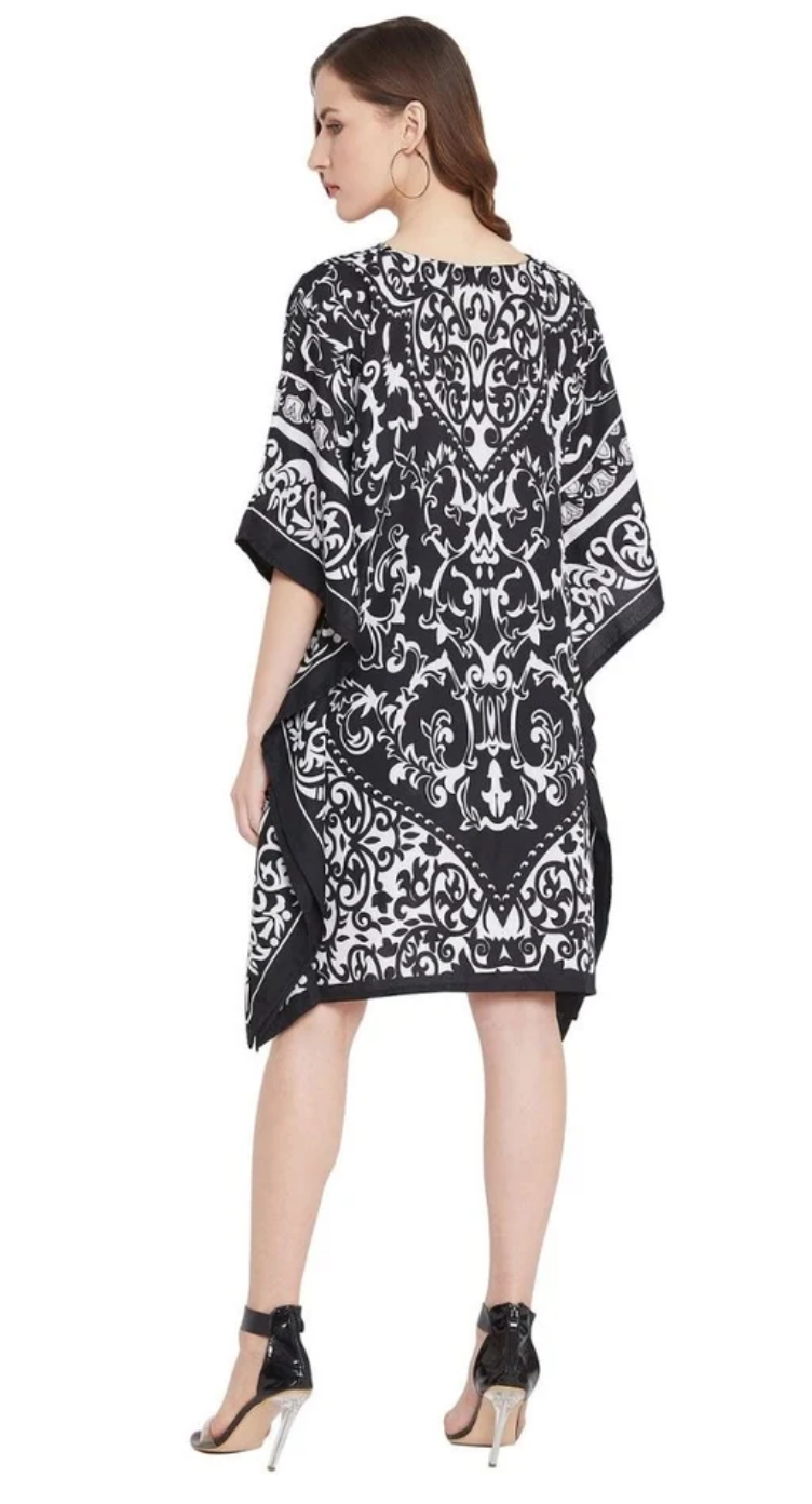 Black Damask Scroll Polyester Plus Size Tunic for Women 1X-3X | GypsieBlu