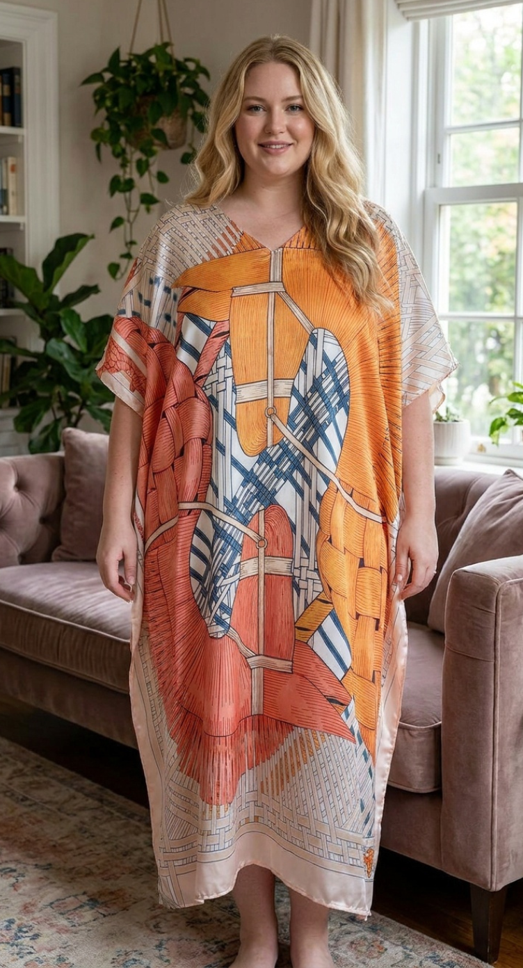 Orange Geometric Satin Women Plus Size Kaftan Summer Dress