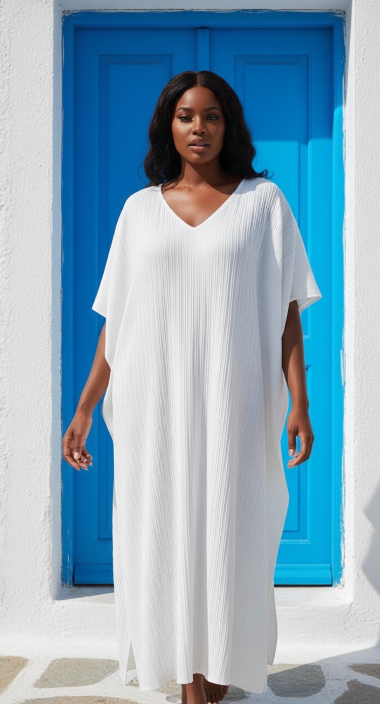 White Pleated Maxi Dress Women V-Neck Kaftan Plus Size Loose Fit Beach Caftan