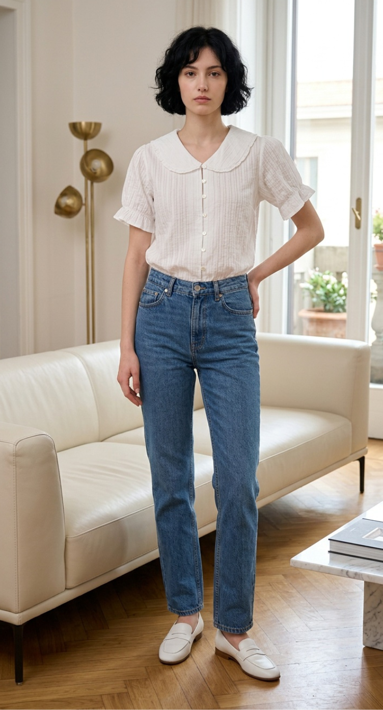 White Cotton Peter Pan Collar Puff Sleeve Women Top Button Down Blouse