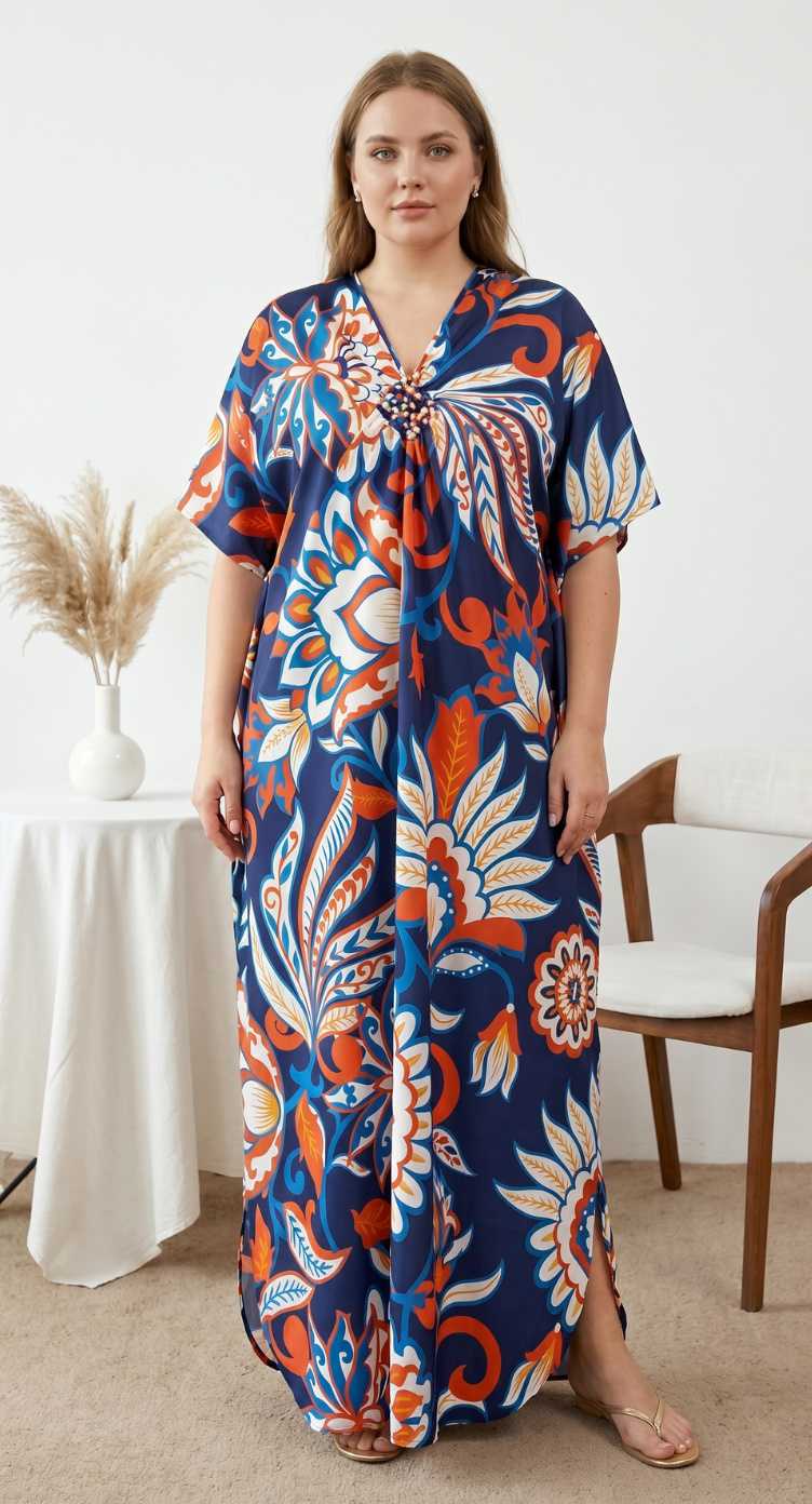 Royal Blue Floral Print Polyester Women Plus Size Kaftan Island Dress 1X-3X
