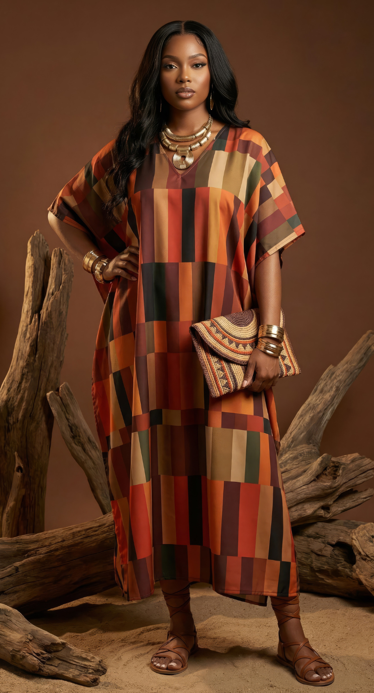 Rust Geometric Polyester Women Plus Size Kaftan Cruise Dress