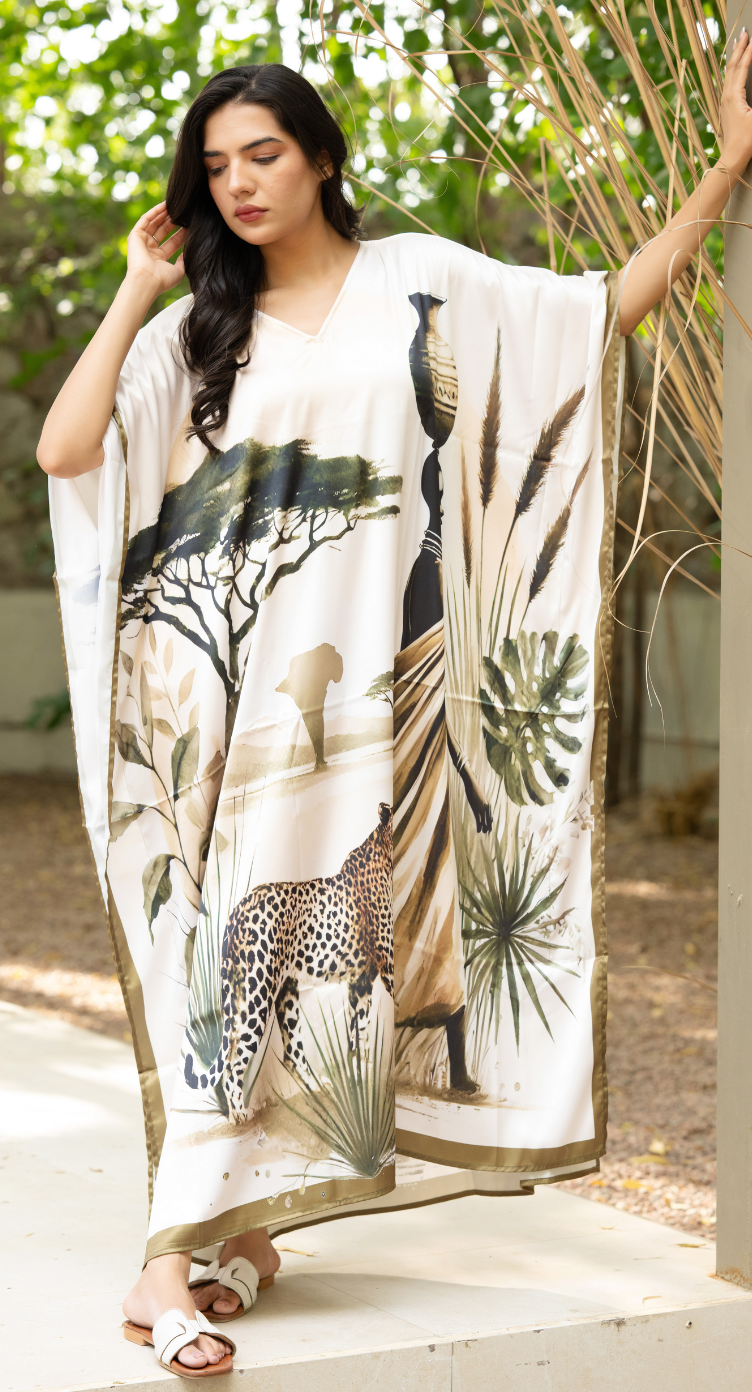 Wildlife Print Cream Satin Plus Size Women Resort Caftan