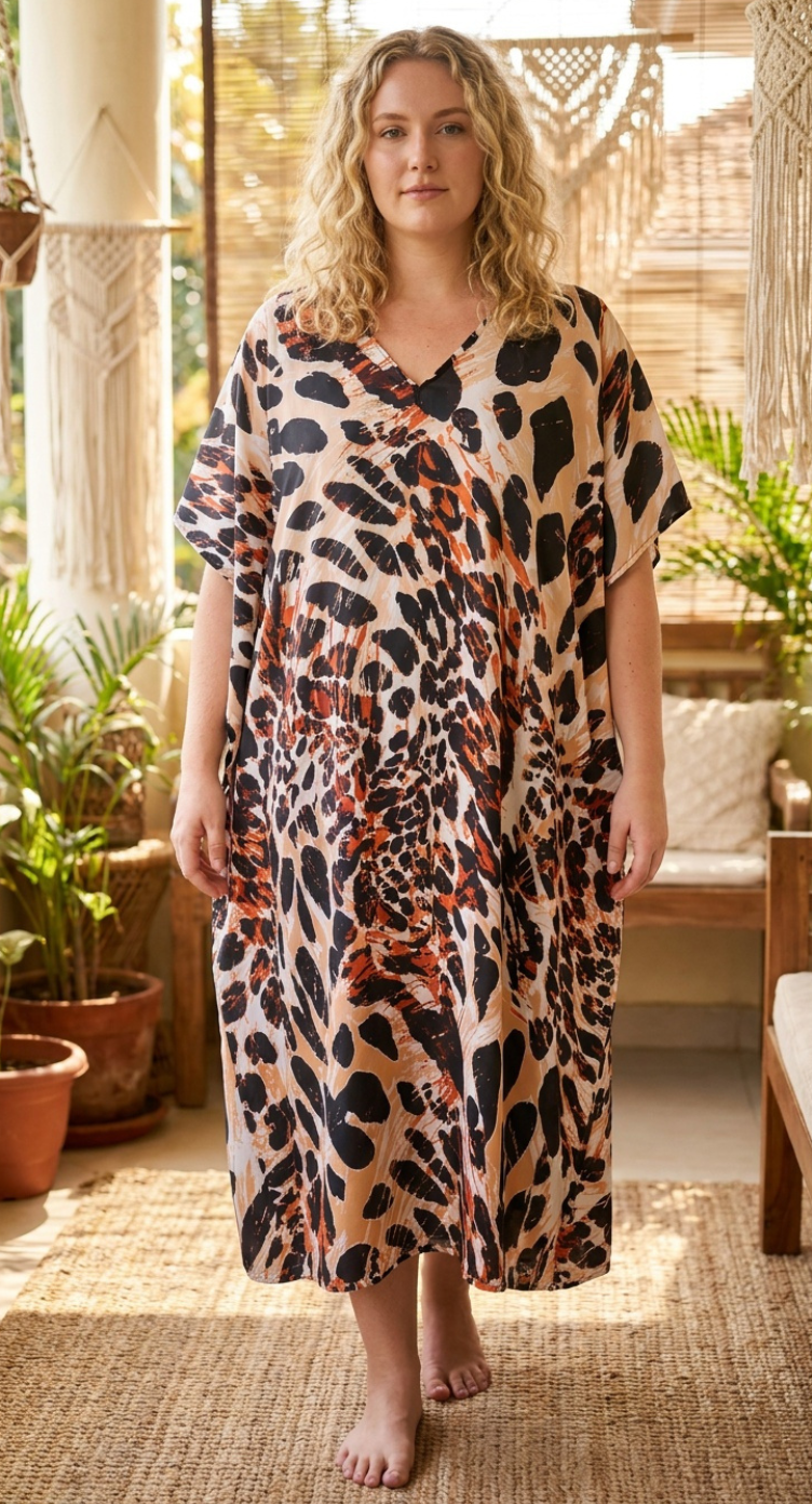 Beige Leopard Polyester Women Plus Size Kaftan Vacation Dress