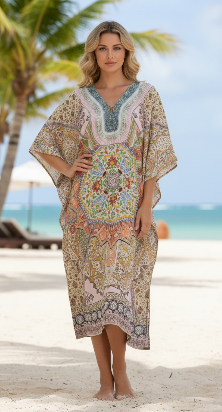 Floral Print Yellow Polyester Plus Size Digital Kaftan Dress For Women