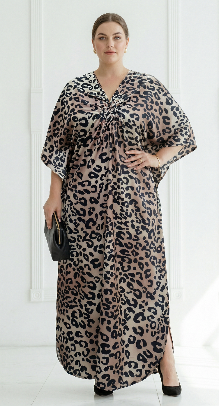 Brown Leopard Polyester Women Plus Size Kaftan Party Dress