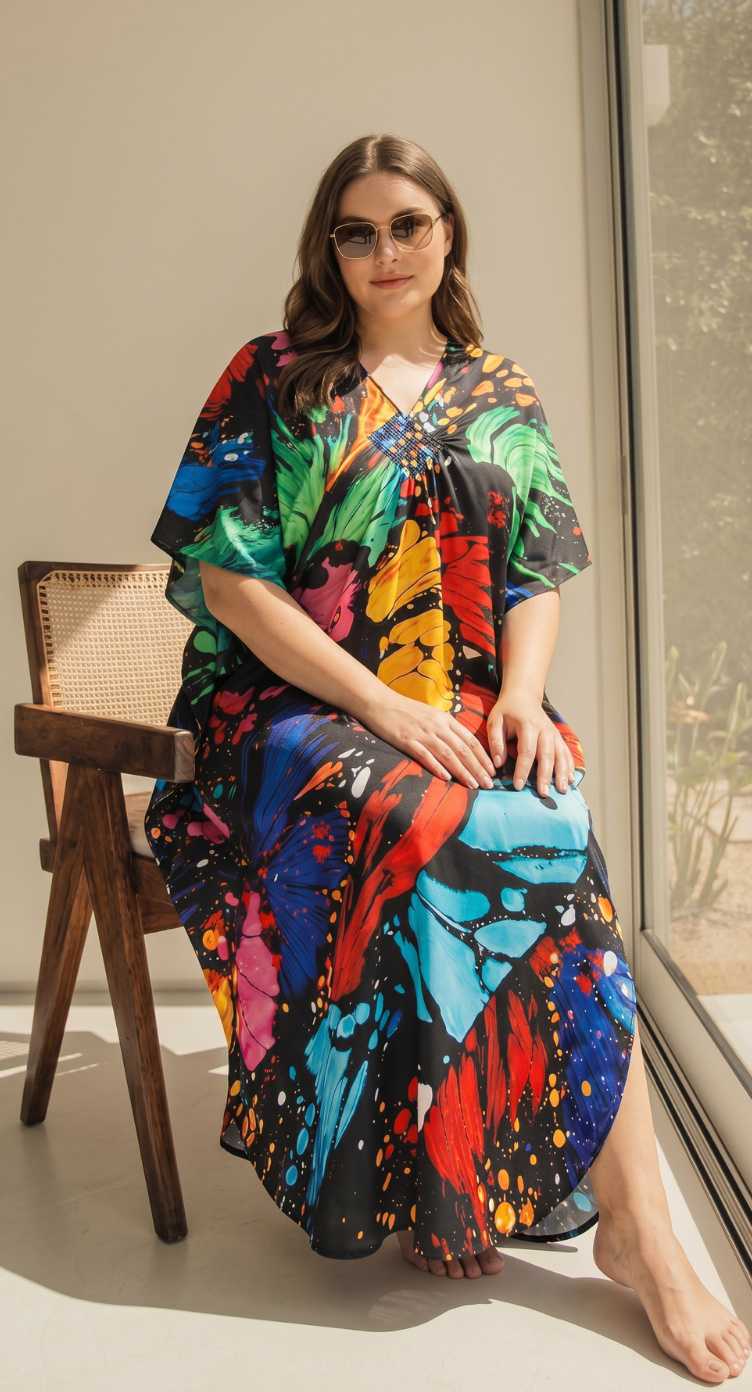 Black Butterfly Polyester Women Plus Size Kaftan Elegant Dress 1X-3X