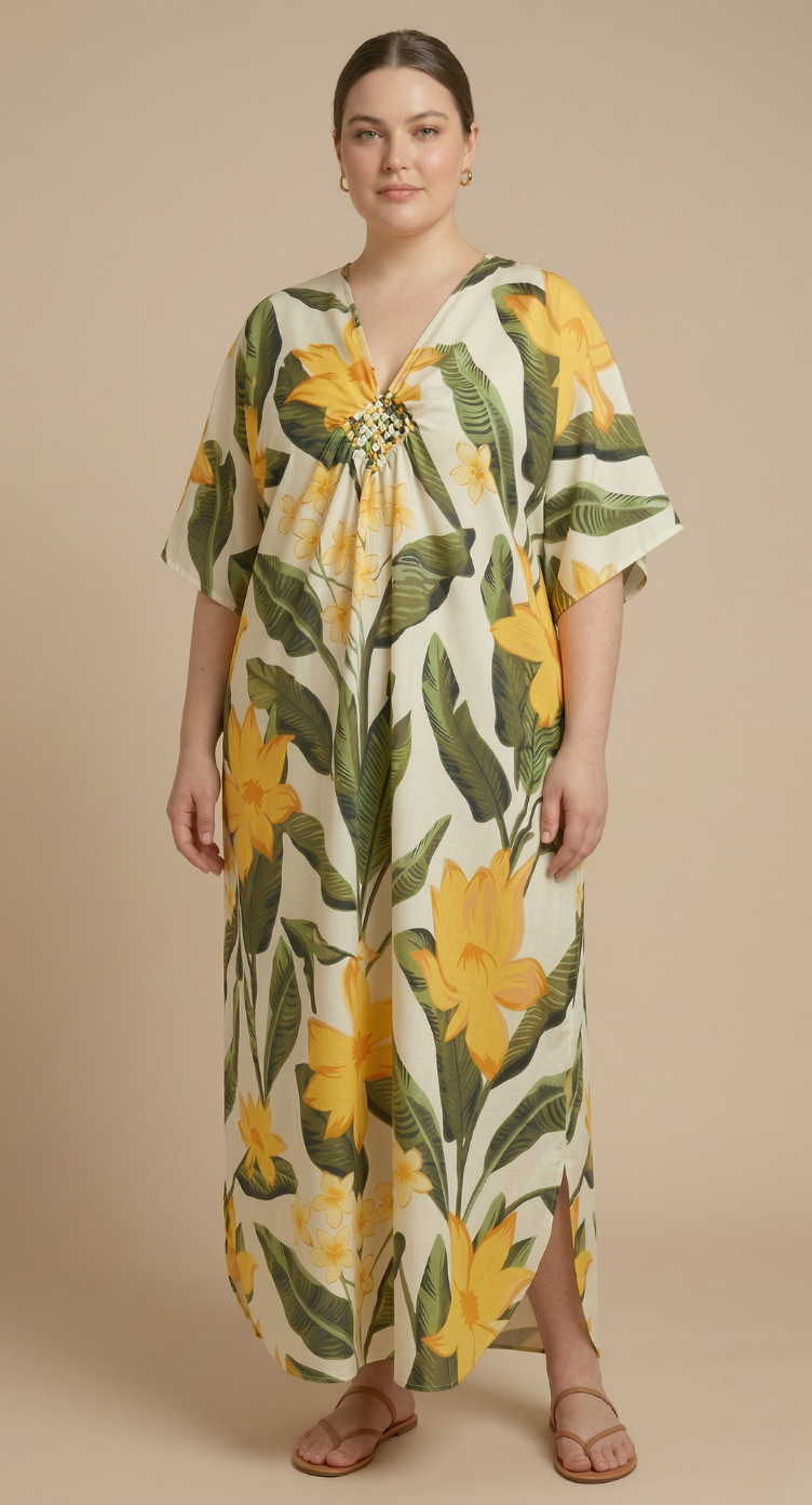 White Leaf Polyester Women Plus Size Kaftan Lounge Dress