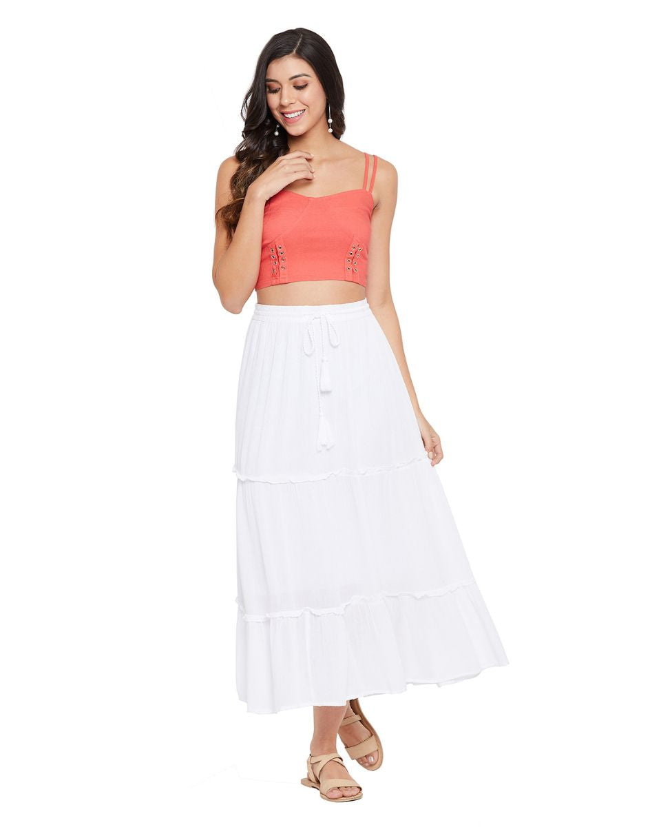 Solid White Rayon Casual Long Skirt For Women