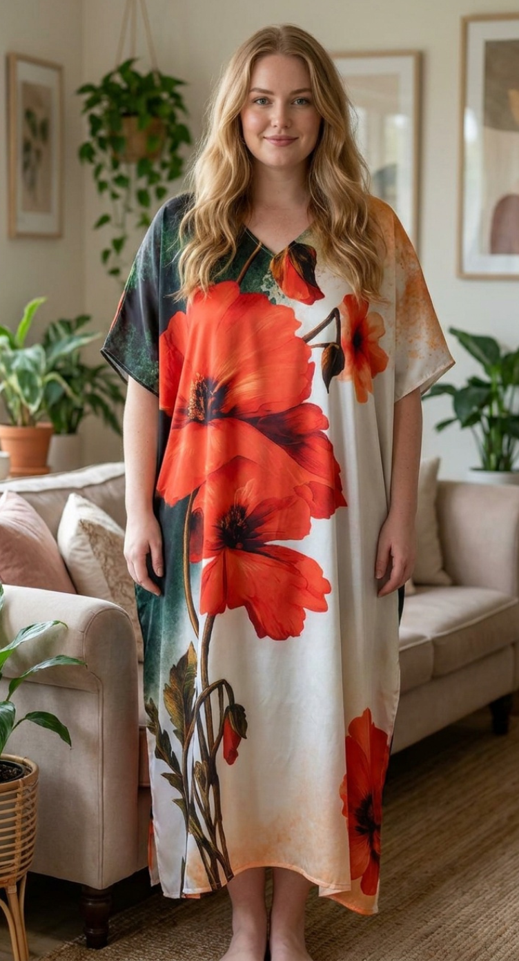 Red Floral Satin Women Plus Size Kaftan Elegant Dress