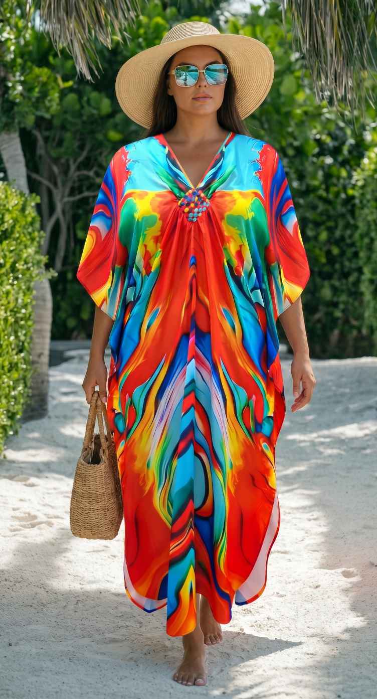 Red Abstract Print Polyester Women Plus Size Kaftan Resort Wear Dress 1X-3X