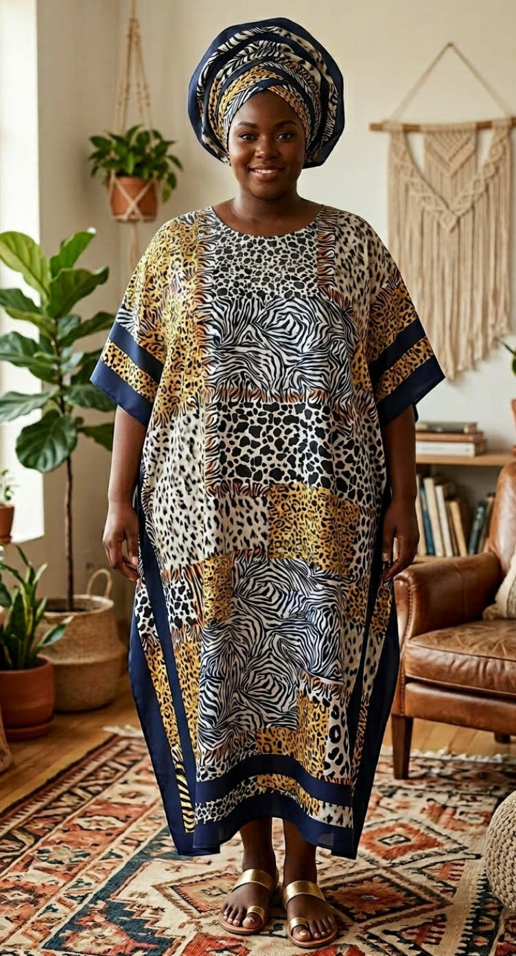 Mustard Yellow Animal Print Polyester Women Plus Size Kaftan with Scarf