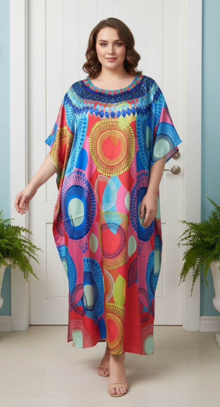 Red Geometric Satin Plus Size Kaftan Dress for Women Summer