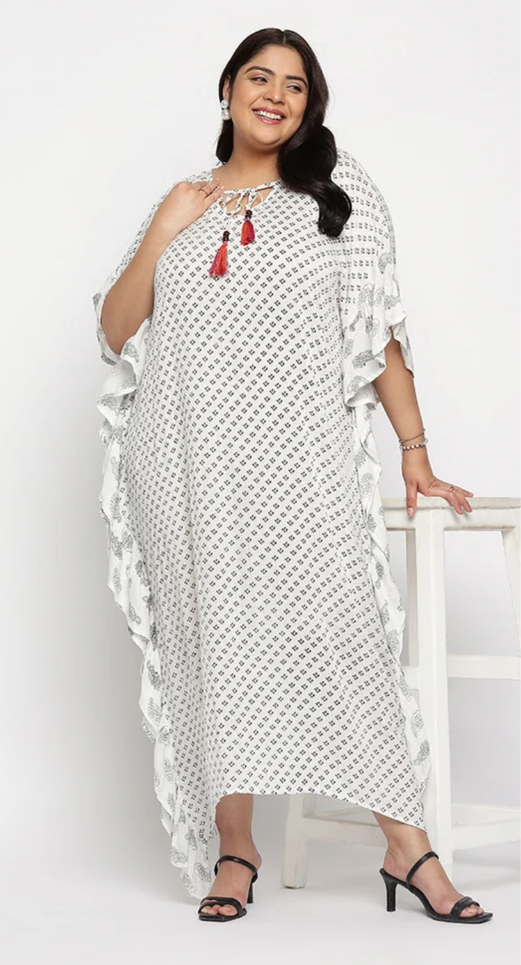 White & Black Diamond Dot Rayon Plus Size Kaftan for Women 1X-3X 3/4 Sleeve | GypsieBlu