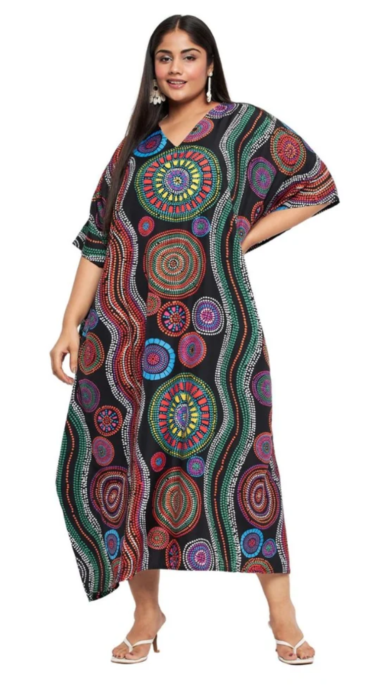 Black Aboriginal Dot Polyester Plus Size Kaftan for Women 1X-3X | GypsieBlu