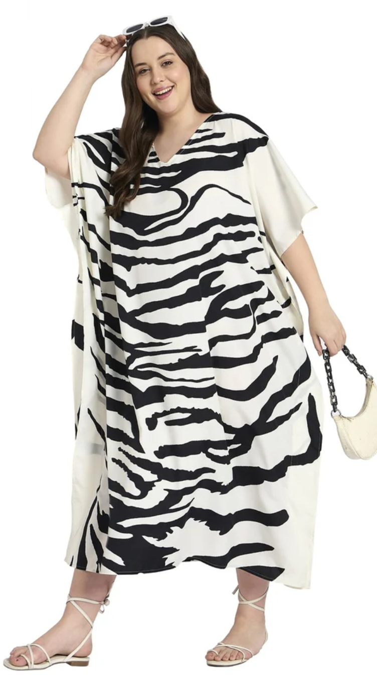 Black Zebra Swirl Polyester Plus Size Kaftan for Women 1X-3X V Neck | GypsieBlu