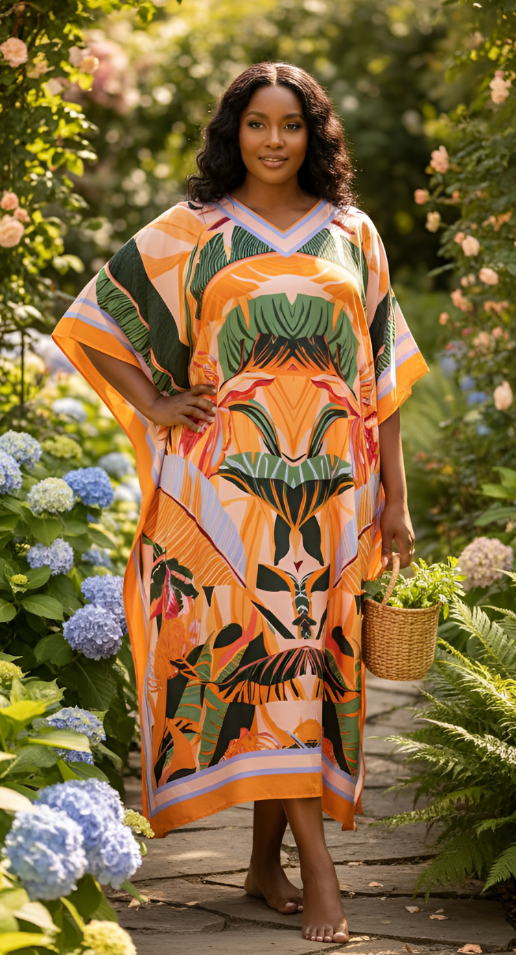 Peach Tropical Polyester Plus Size Beach Kaftan For Women