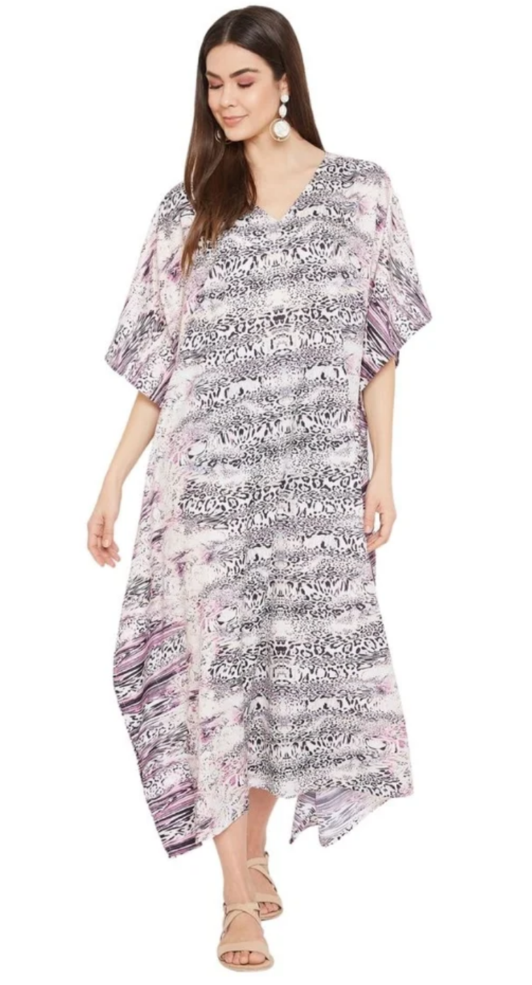 White Animal Geometric Polyester Plus Size Kaftan for Women 1X-3X | GypsieBlu