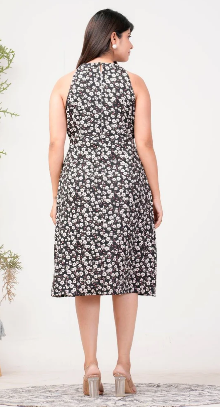 Black & White Floral Polyester Halter Neck Midi Dress for Women S-XL Sleeveless | GypsieBlu