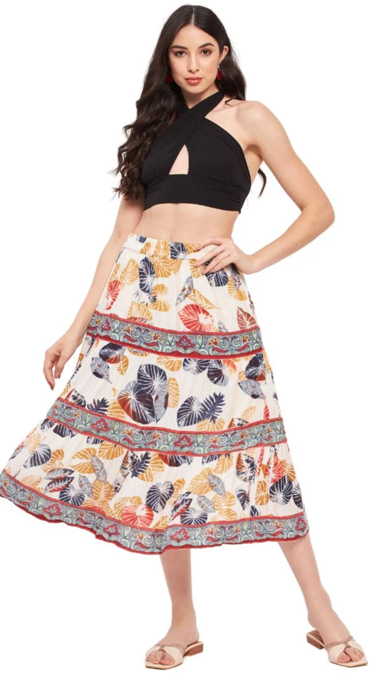 Multicolor Tiered Botanical Border Rayon Skirt for Women S-XL | GypsieBlu