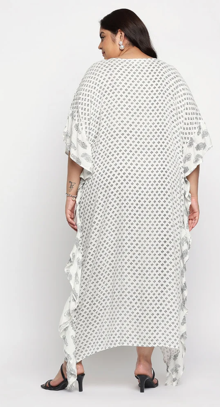White & Black Diamond Dot Rayon Plus Size Kaftan for Women 1X-3X 3/4 Sleeve | GypsieBlu