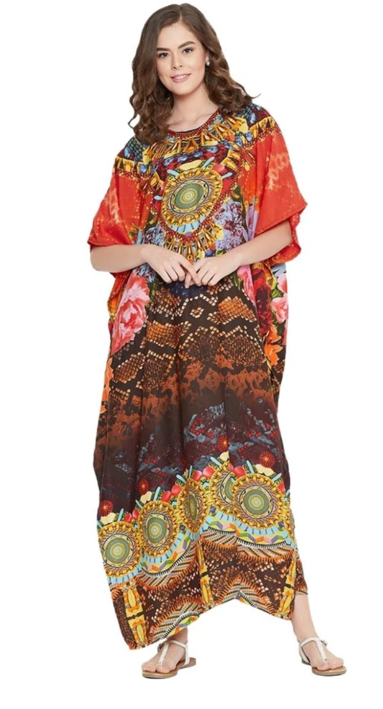 Orange Sunburst Medallion Polyester Plus Size Kaftan for Women 1X-3X | GypsieBlu
