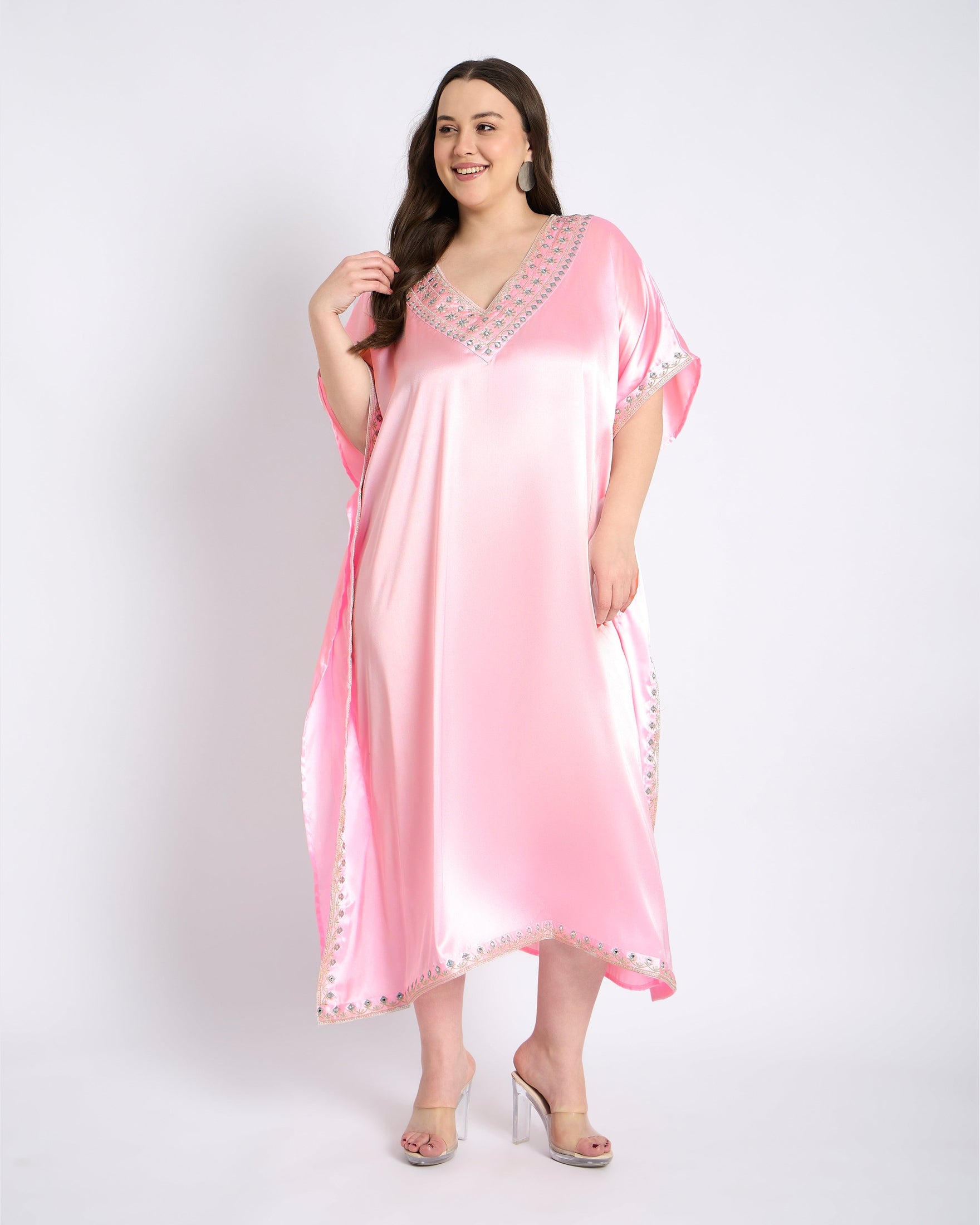 Gypsie Blu Light Pink Women Satin Plus Size Party Wear Embroidery Caftan