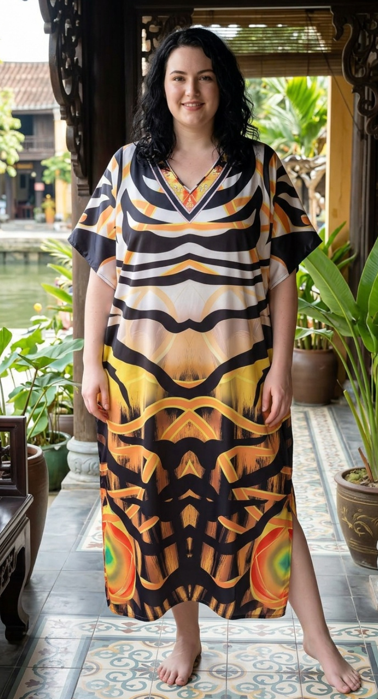 Orange Abstract Satin Women Plus Size Kaftan Brunch Dress