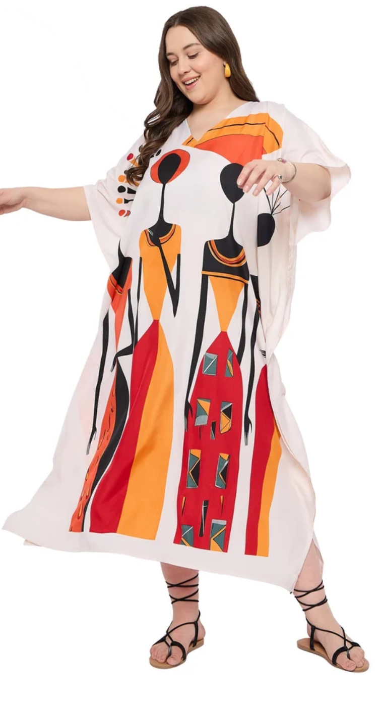Off White Tribal Figures Polyester Plus Size Kaftan for Women 1X-3X | GypsieBlu