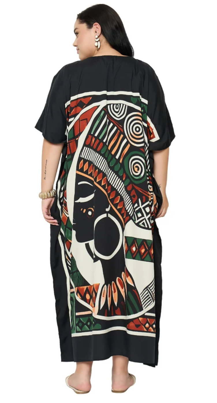 Black Tribal Bird Polyester Plus Size Kaftan for Women 1X-3X | GypsieBlu