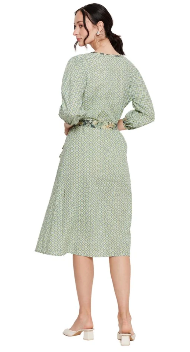 Green Floral Cotton Midi Dress for Women S-XL 3/4 Sleeve Round Neck | GypsieBlu