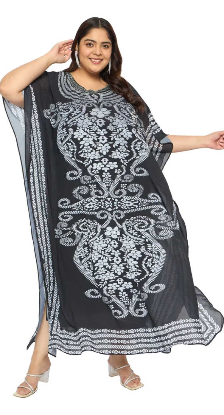 GypsieBlu Black Georgette Kaftan for Women Kimono Sleeve Missy-Size - Baroque Floral Damask Print