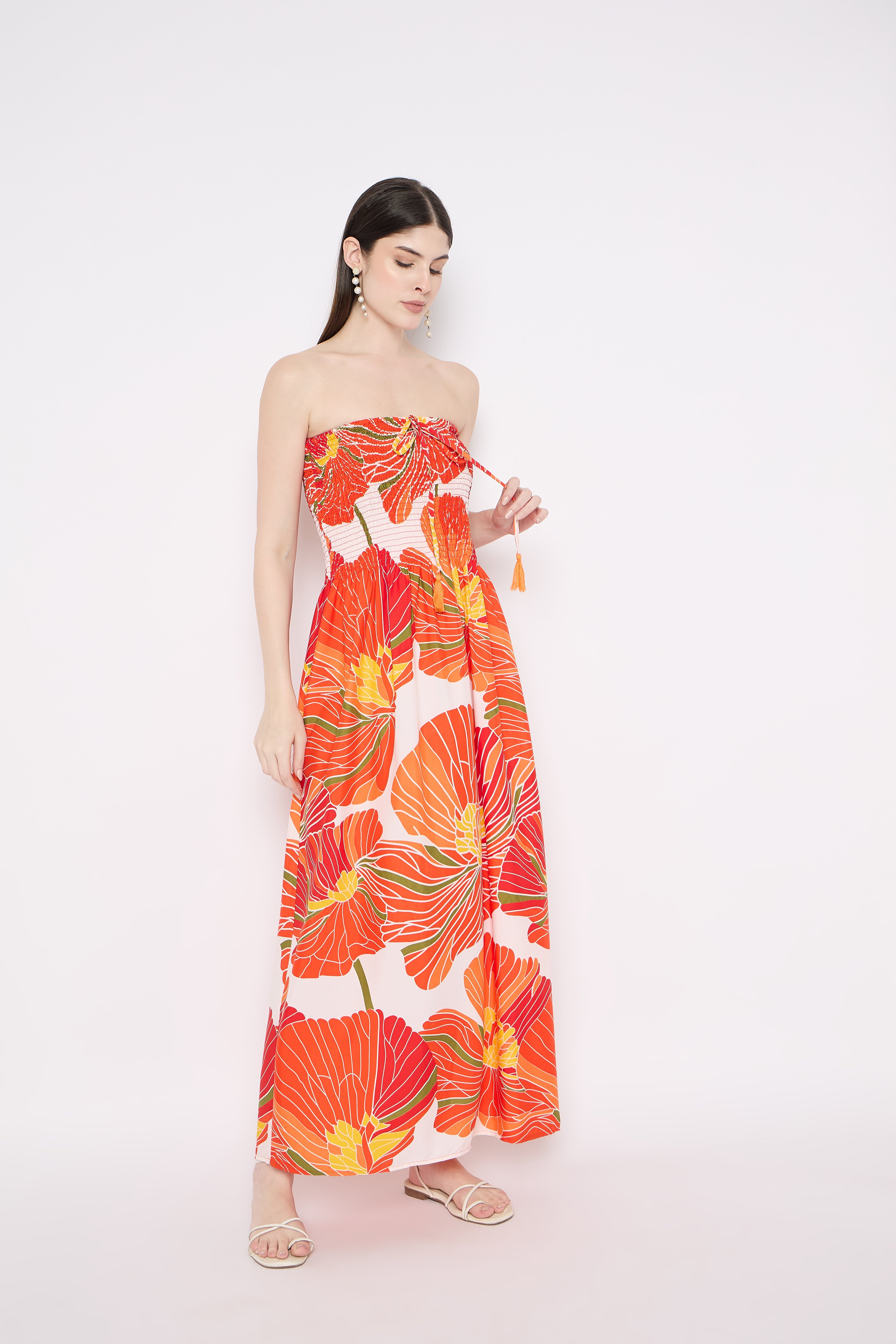 Orange Floral Print Elegant Strapless Women Long Tube Dress