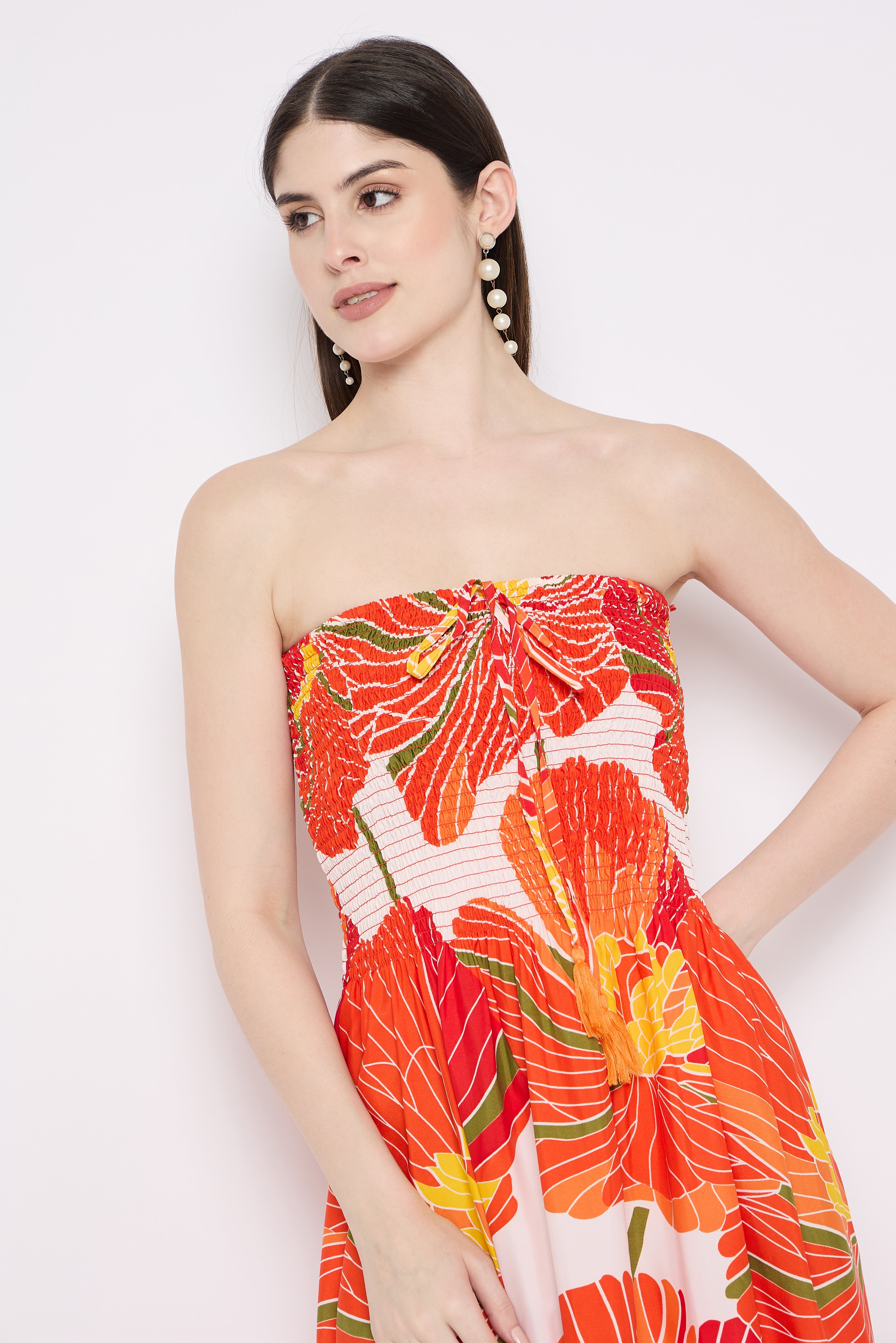 Orange Floral Print Elegant Strapless Women Long Tube Dress