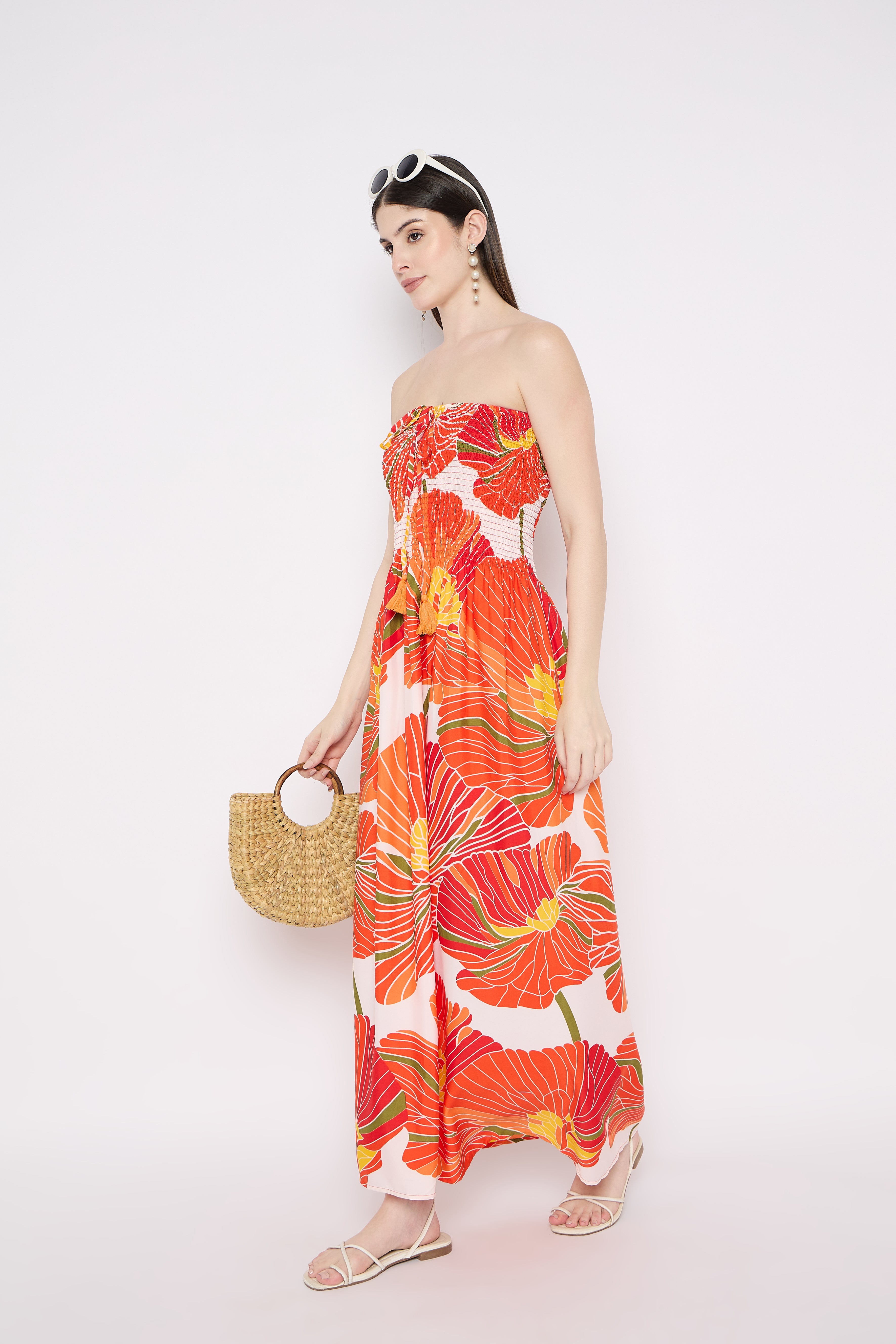 Orange Floral Print Elegant Strapless Women Long Tube Dress